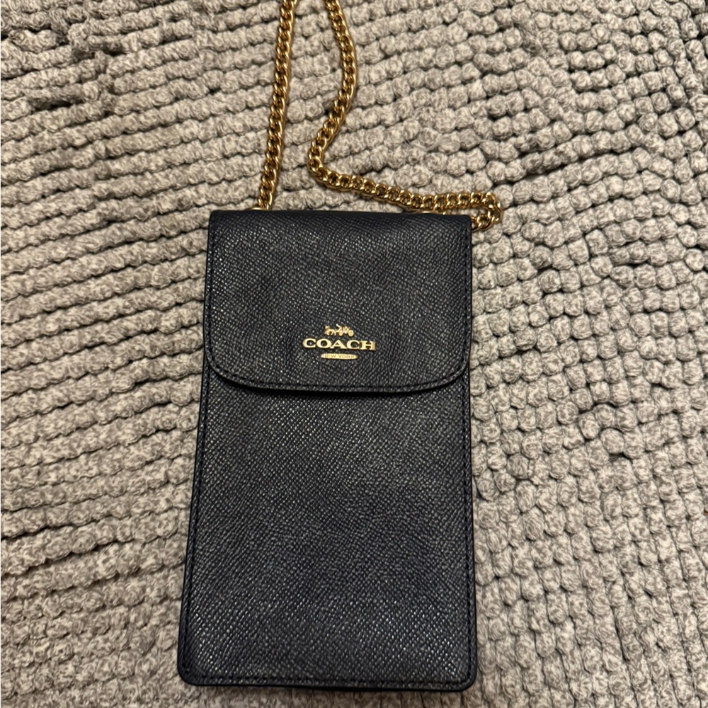Coach Black Phone Crossbody with Gold Chain